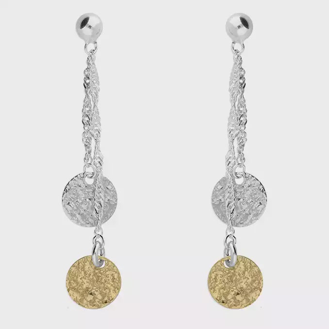 Two tone volcano disc on twisted chain drop earrings