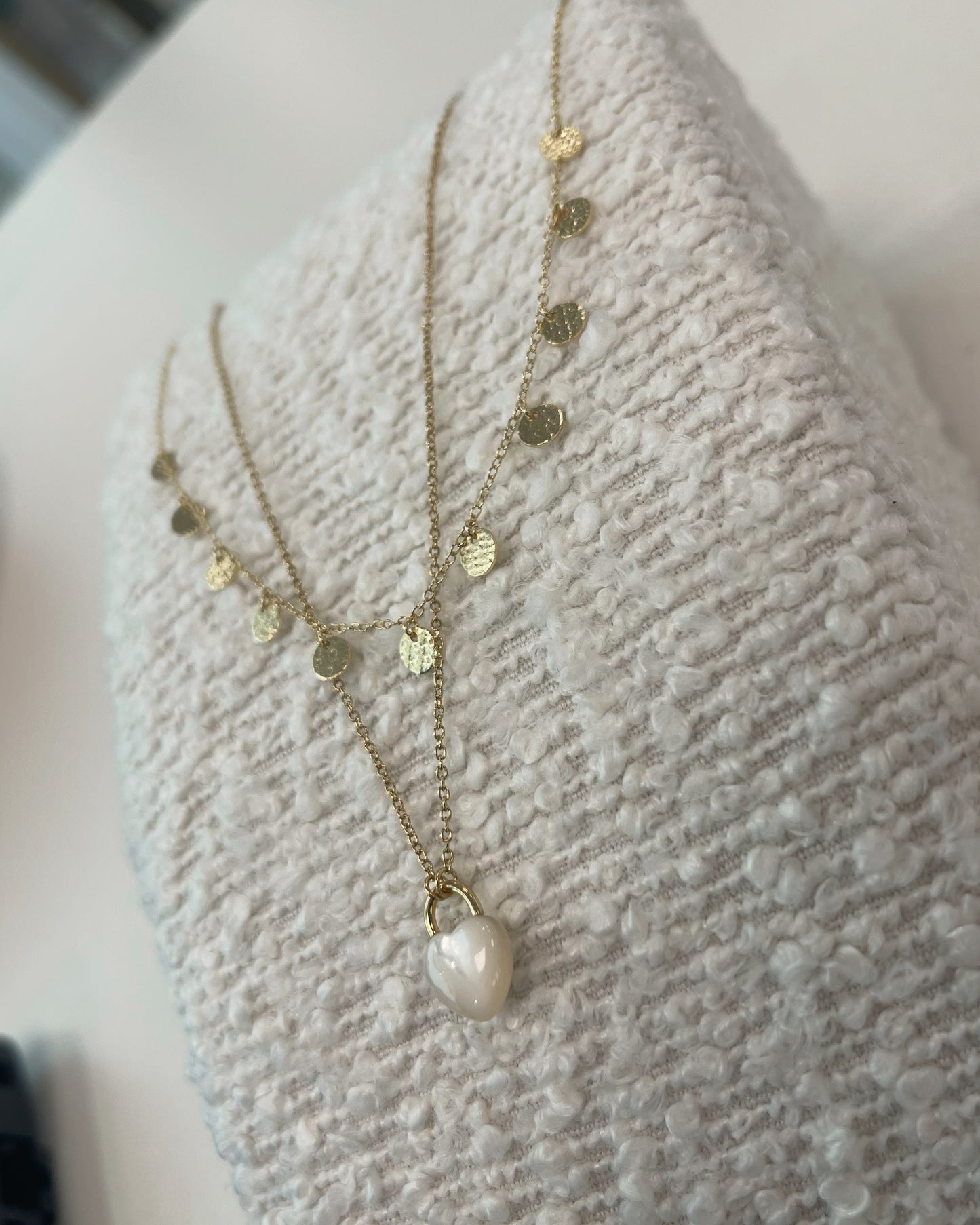 Yellow gold plated trace chain with Mother of Pearl heart Necklace