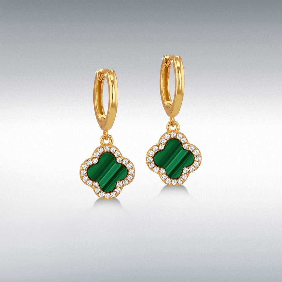 Yellow Gold Plated Clover Malachite Huggy Earrings