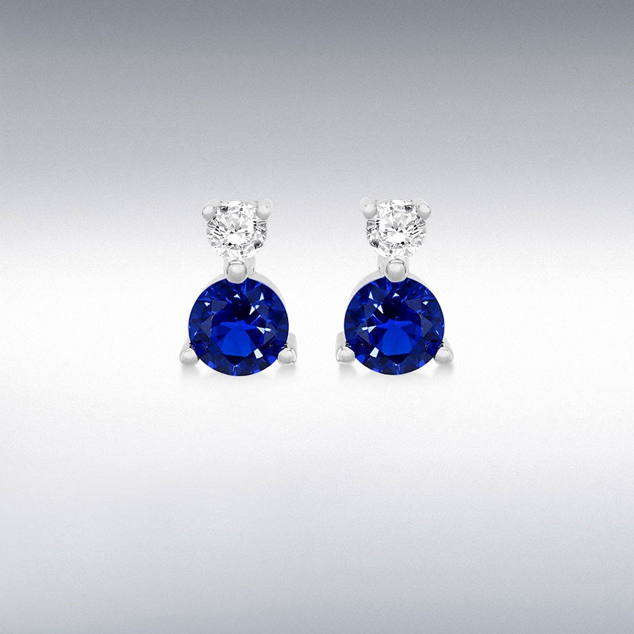 Sterling Silver Rhodium Plated 9mm x 5mm Blue and White CZ stud Earrings