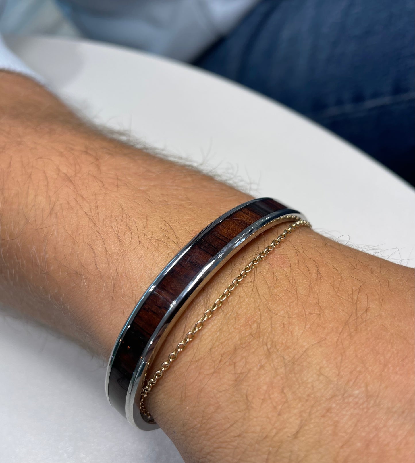 Stainless Steel Bangle with Dark Brown Wood Inlay