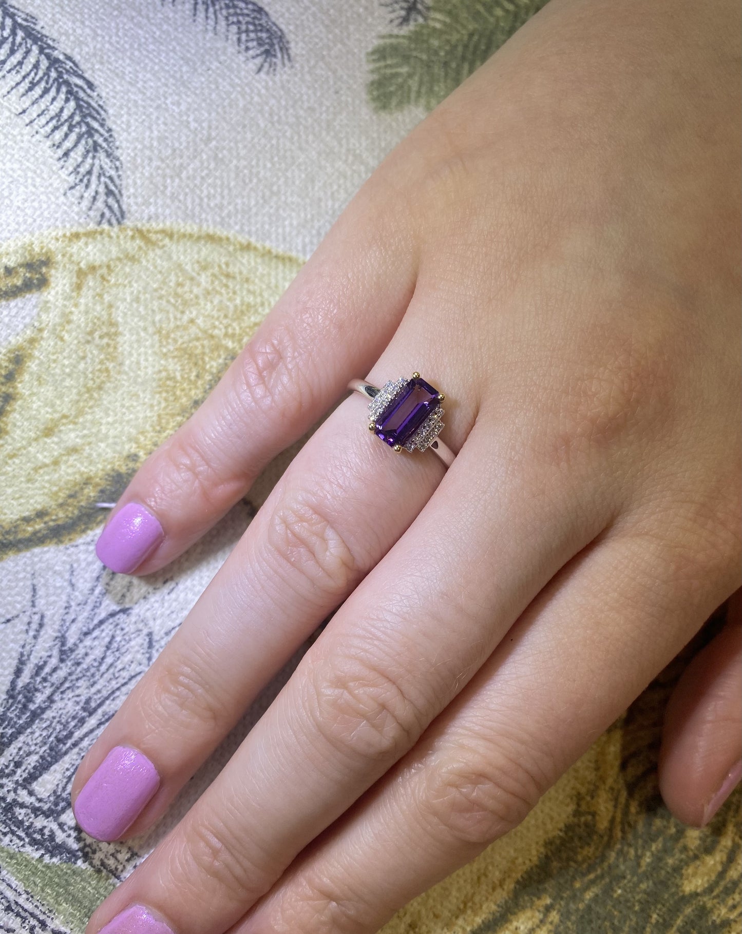 Long Octagon Amethyst Ring Claw Set Centre with Pave Step Diamond Shoulders