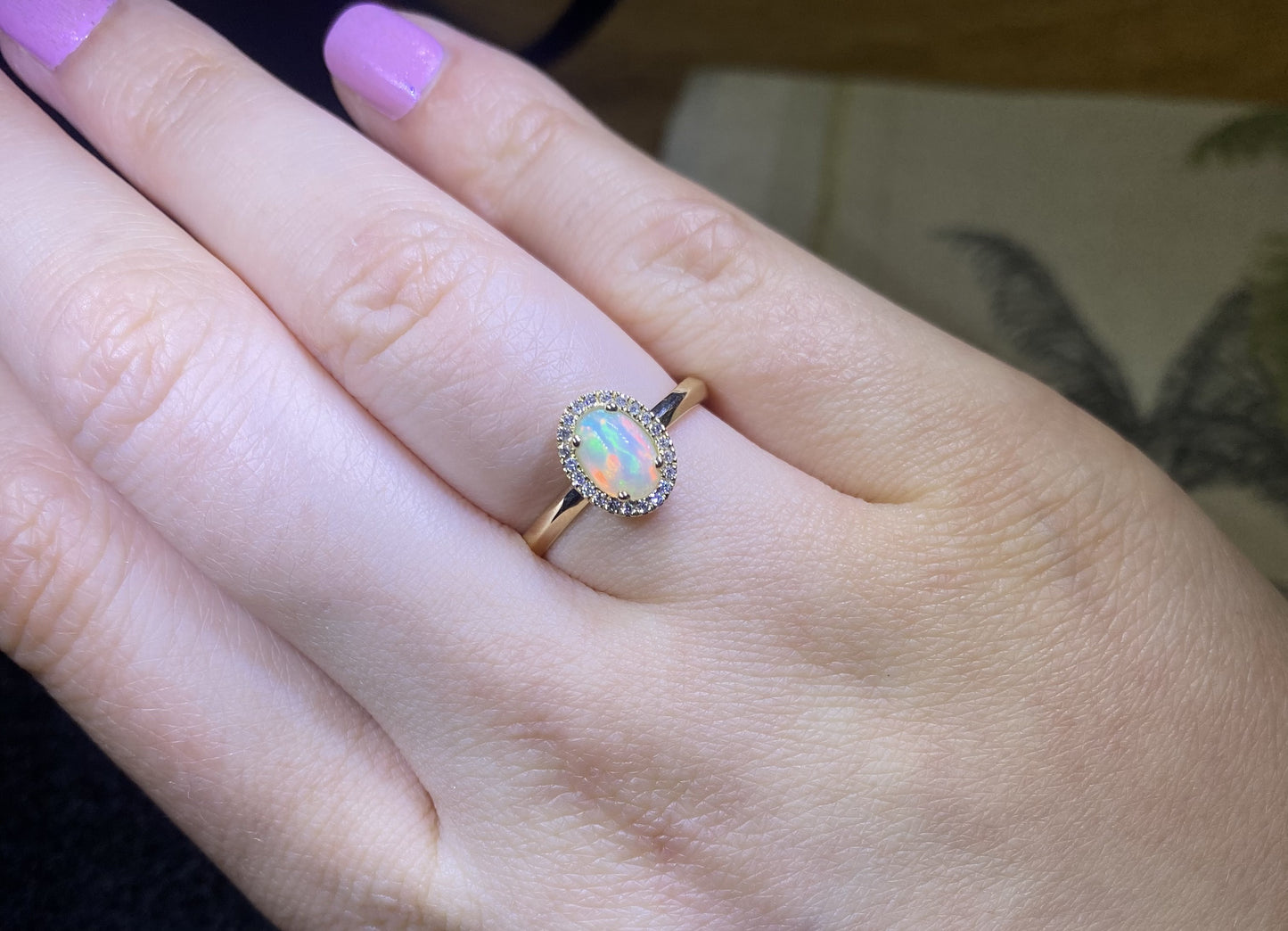Oval Opal Ring with Diamond Halo Yellow Gold size M