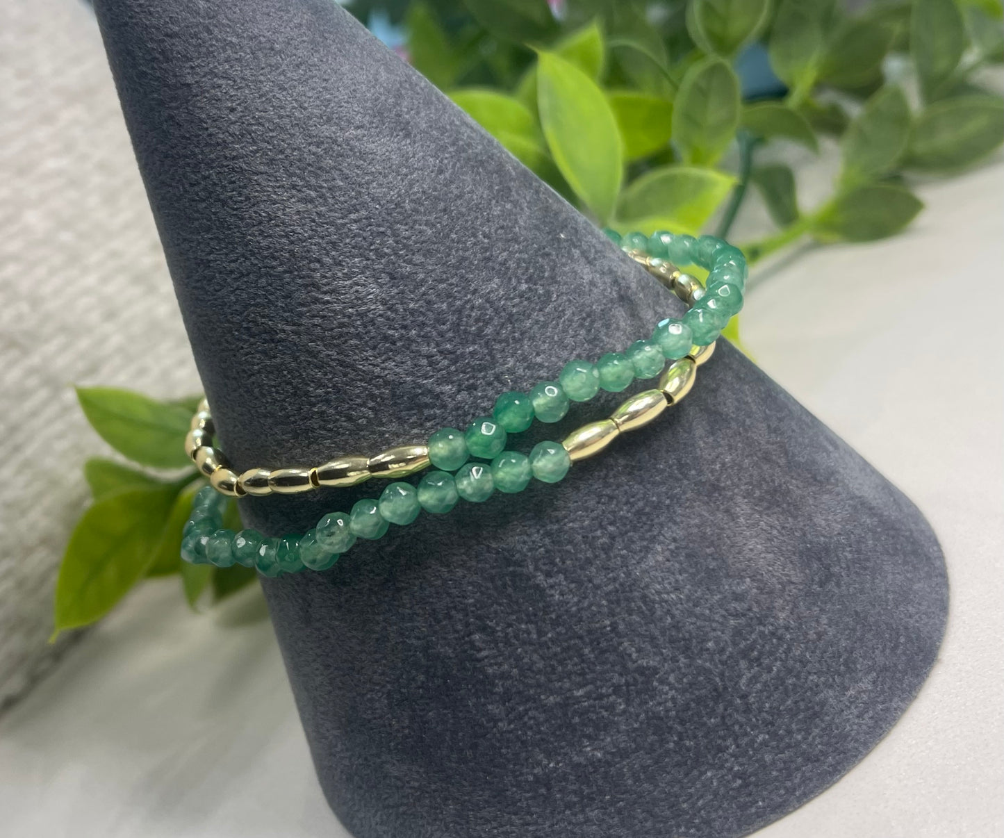 Yellow gold-plated, double row seed chain Green Quartz Bracelet