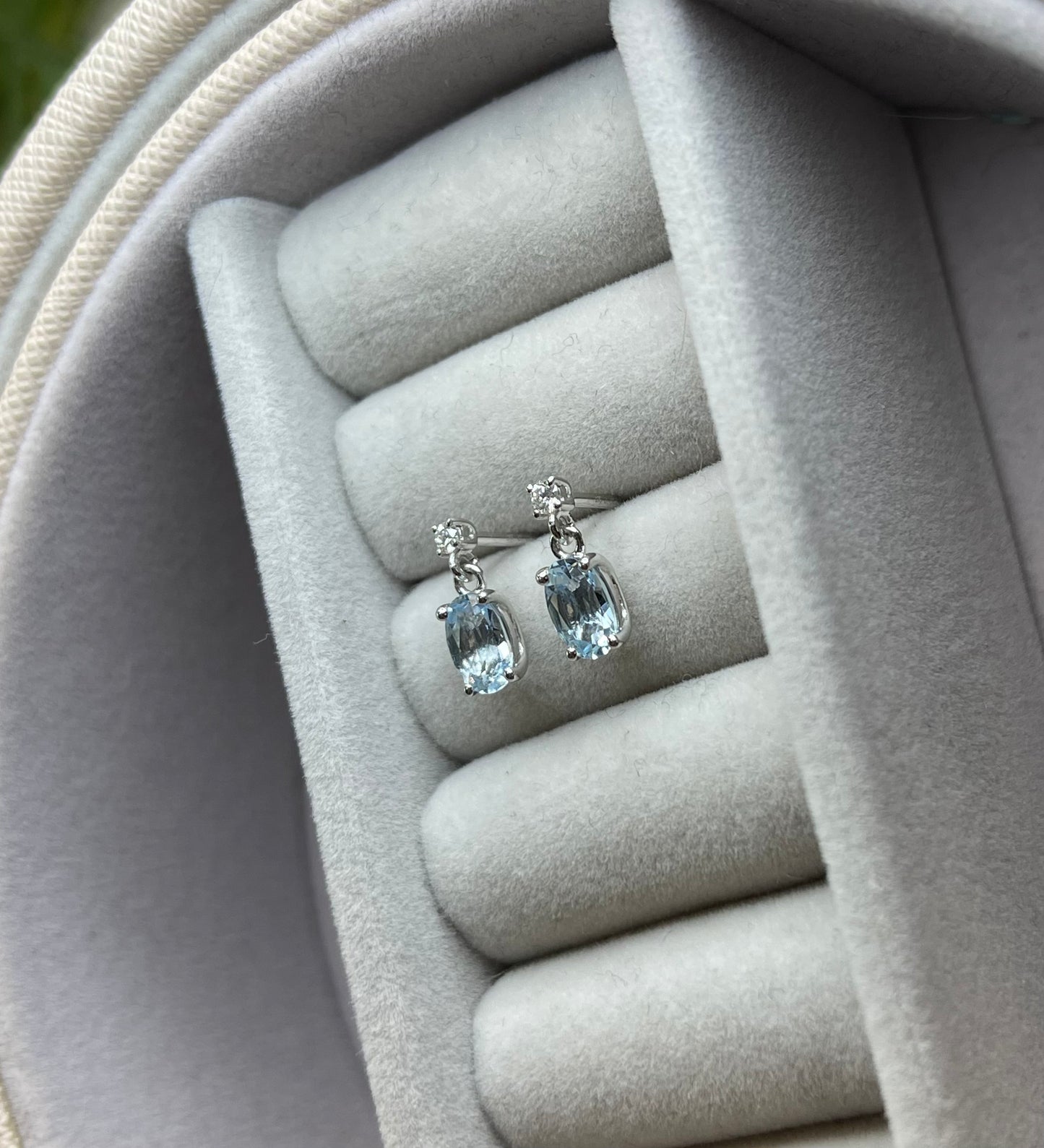 Oval Aquamarine and Diamond Drop White Gold Earrings