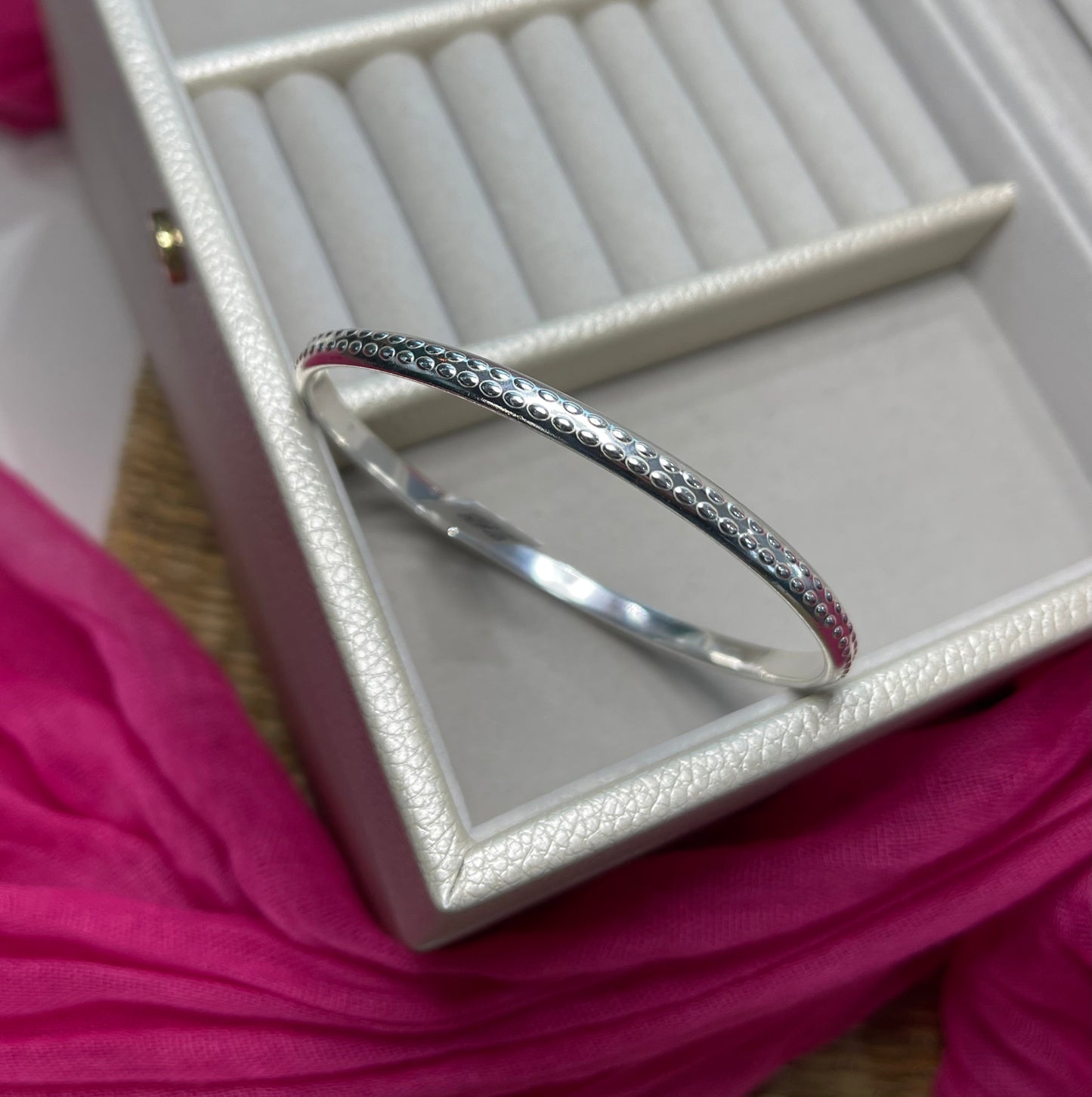 Silver 5mm Solid Round D Shaped Bangle With Oval Beaded Design 65mm