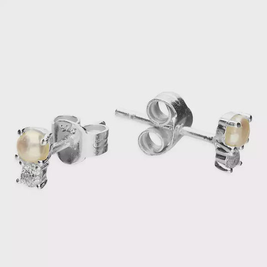Tiny 2mm white cubic zirconia and freshwater pearl studs