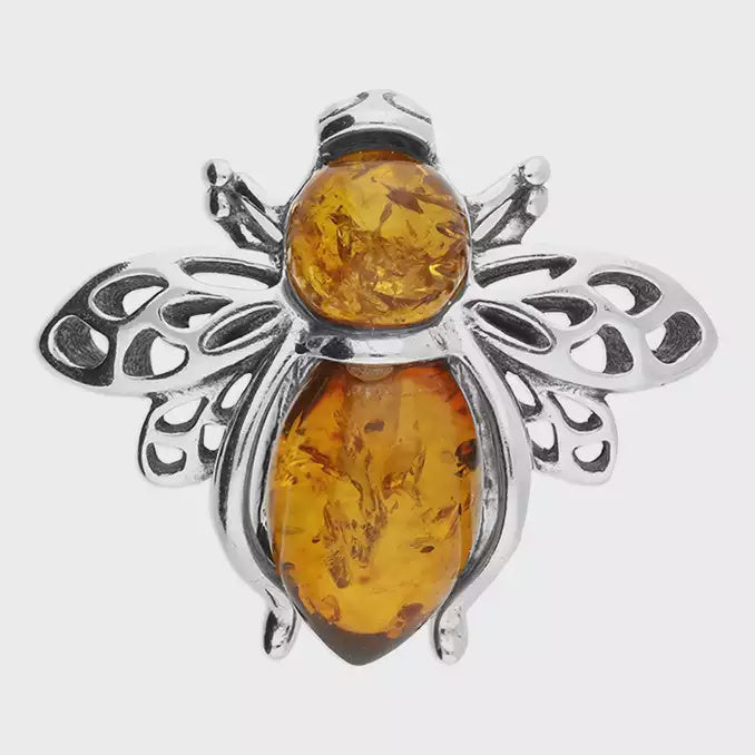 Sterling Silver Cognac Amber Bee Pin Brooch