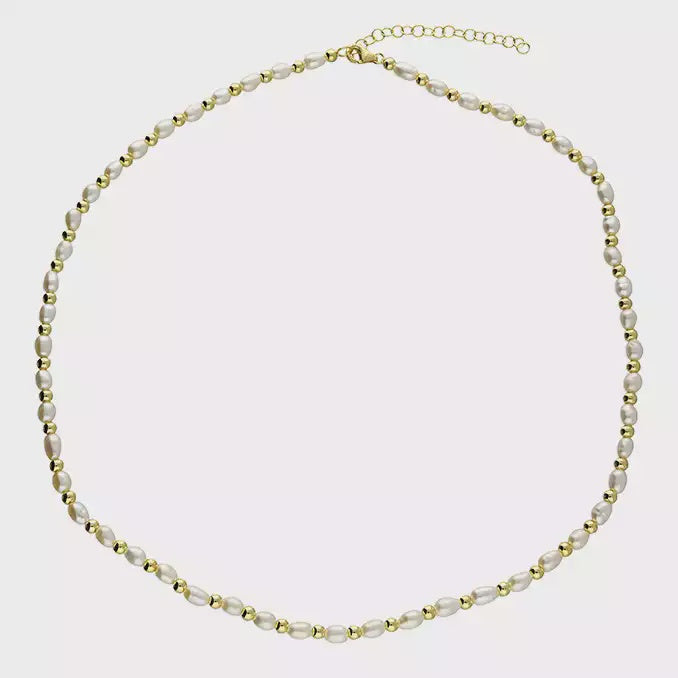 Alternate bead and oval freshwater pearl necklace Gold Plated