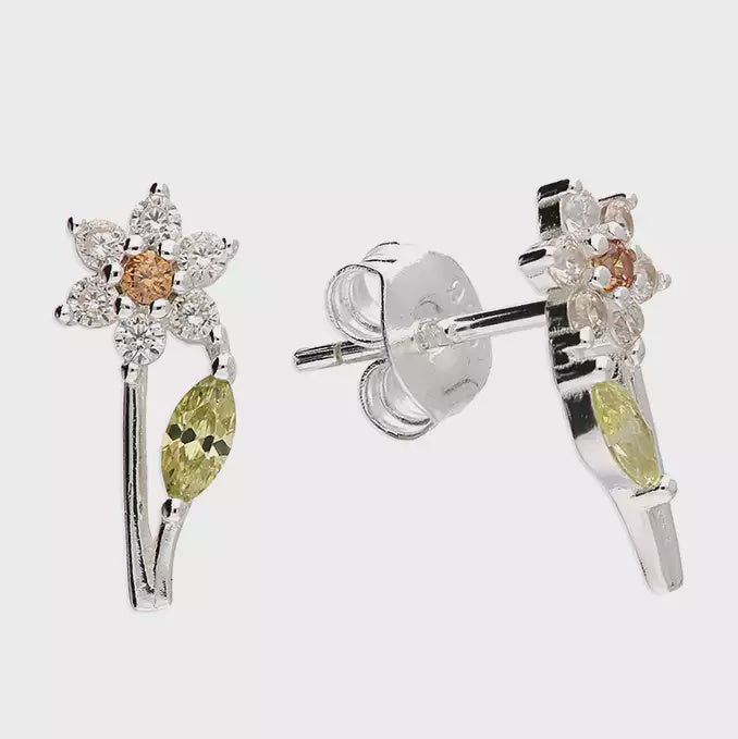 Detailed Green, Yellow and White Cubic Zirconia Flower Studs