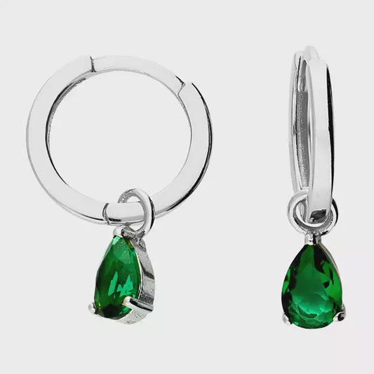 12mm Plain Hinged Hoop with a Emerald Glass Teardrop Charm