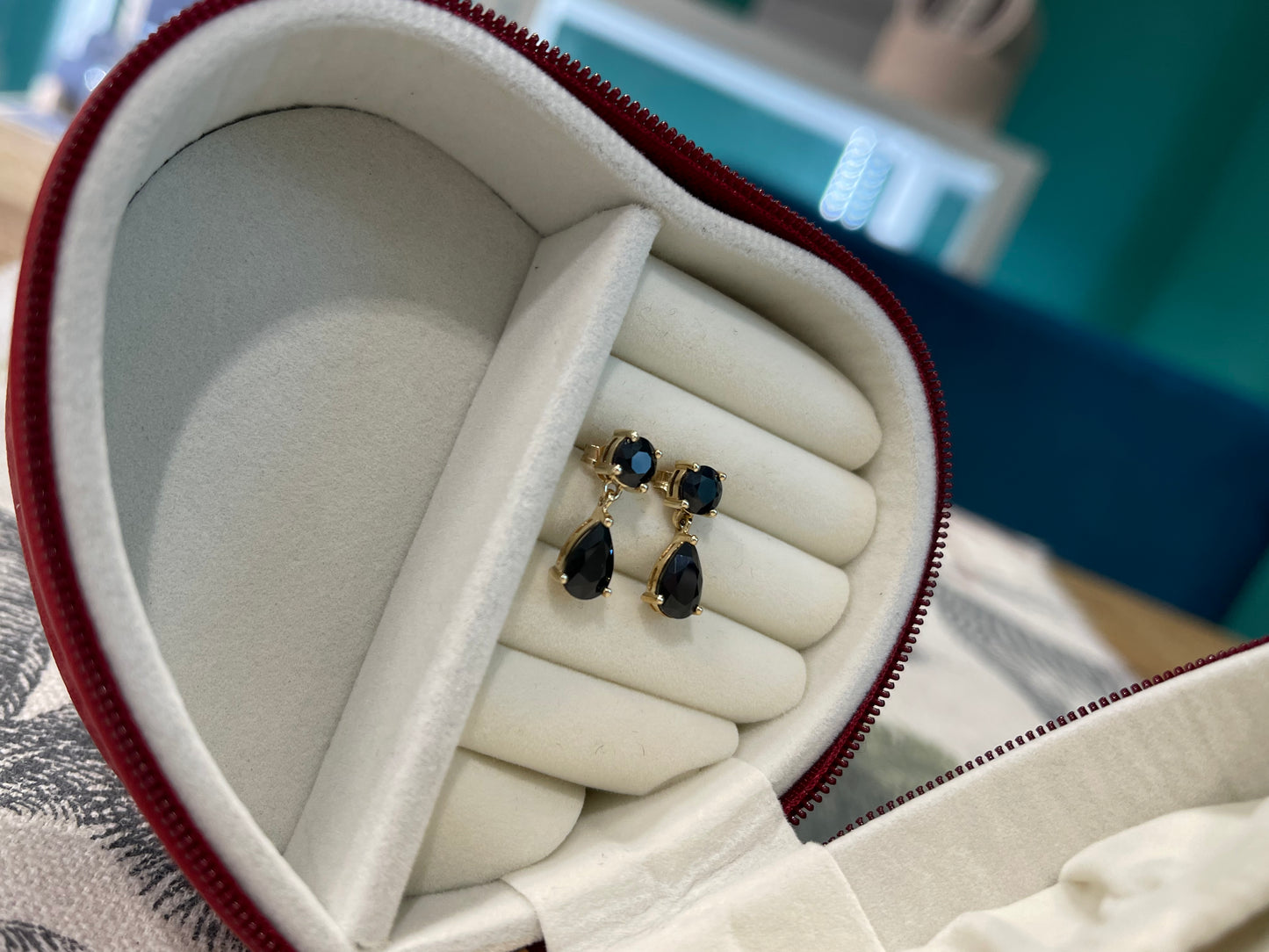 9ct Yellow Gold Black Sapphire Drop Earrings