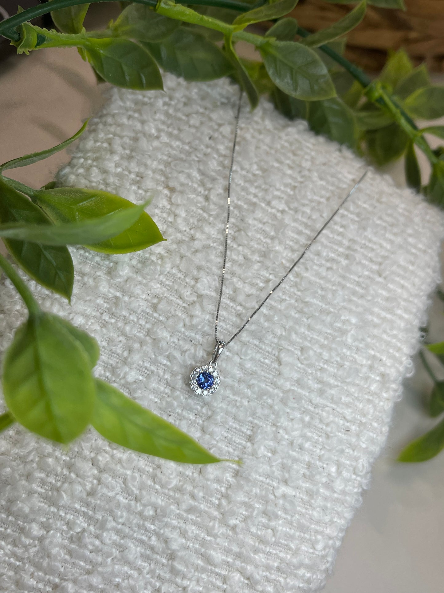 9ct White Gold Tanzanite Diamond Halo Necklace on Box Chain