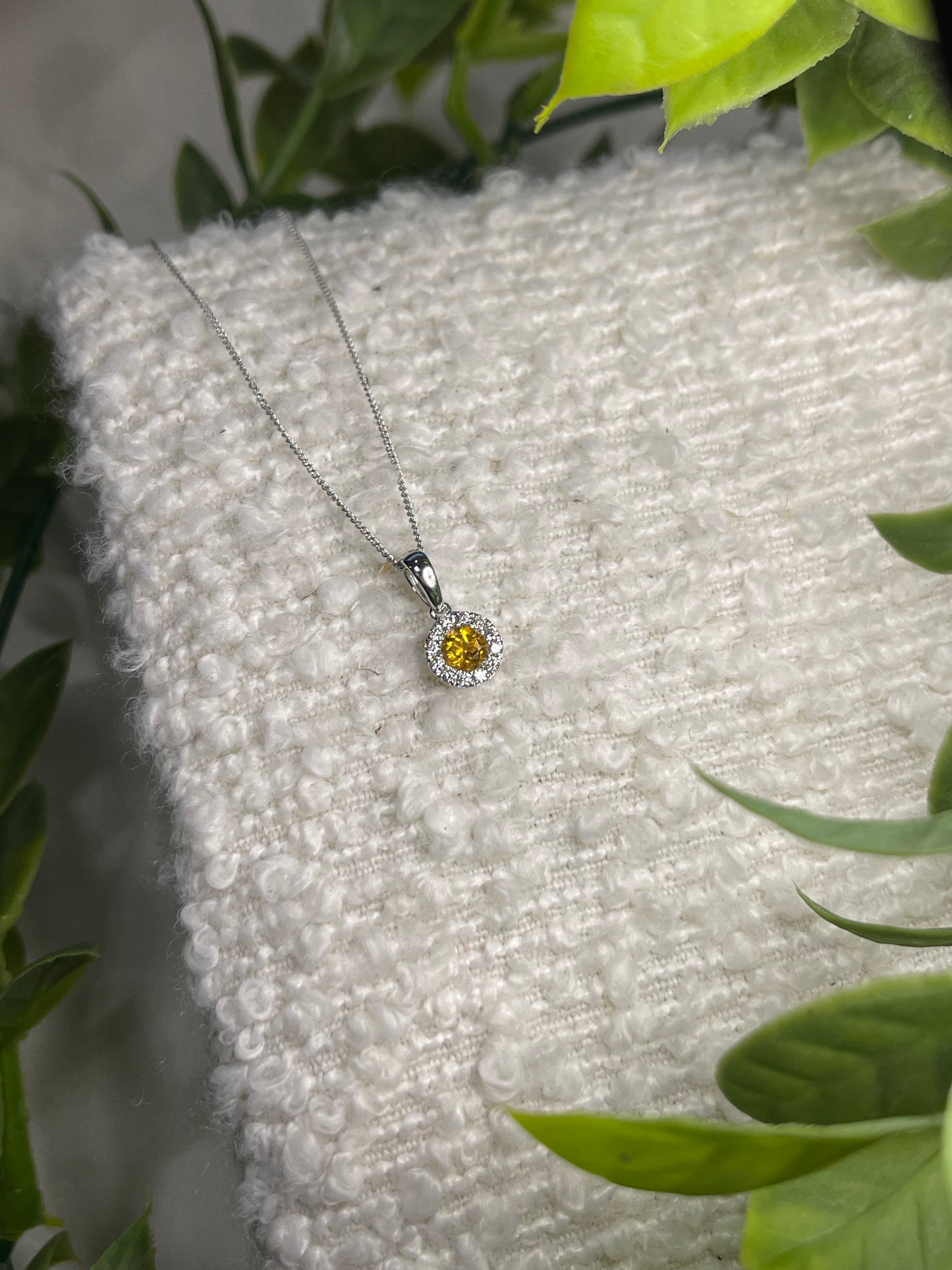 9ct White Gold Citrine and Diamond Cluster Necklace