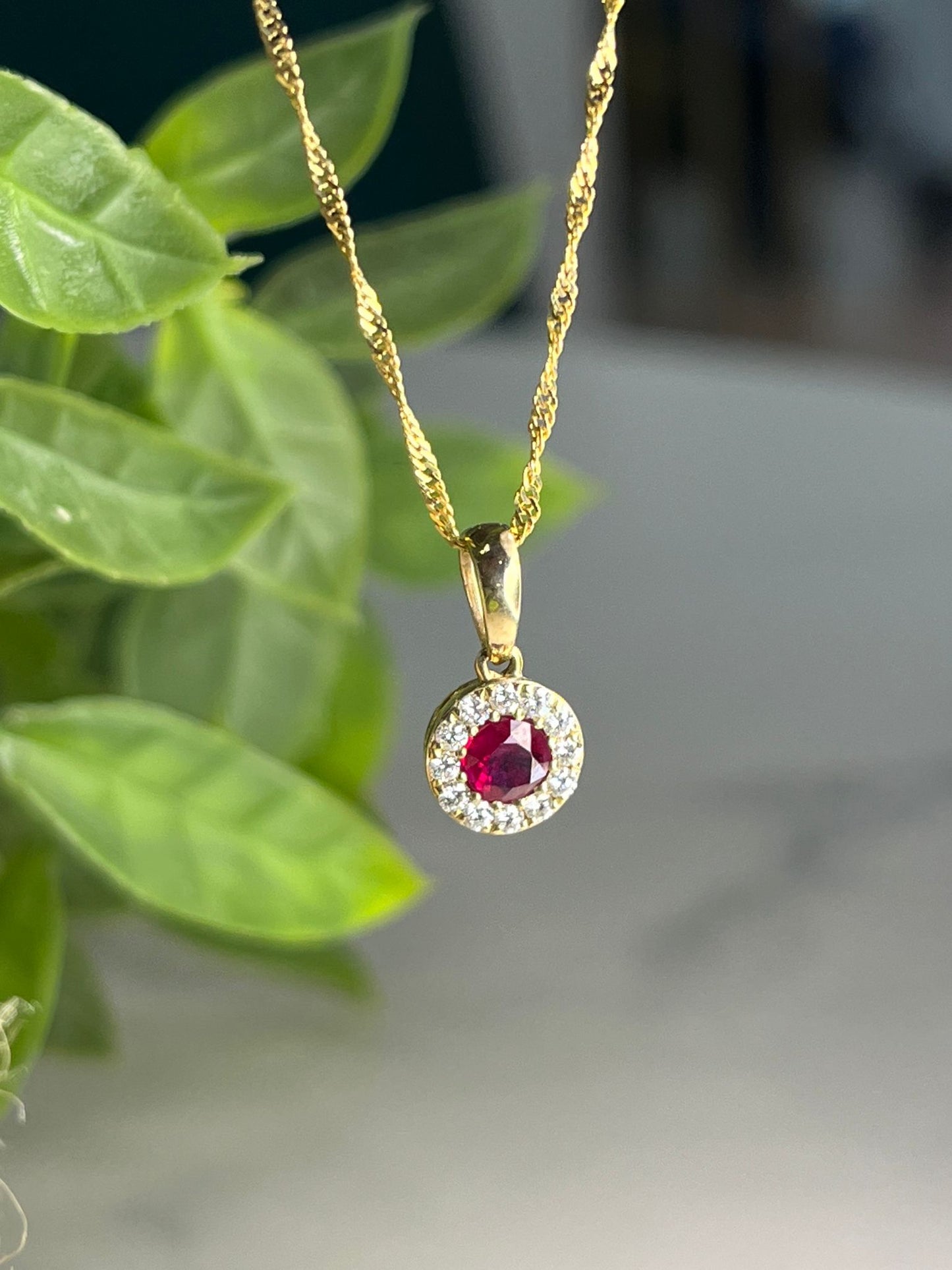 9ct Yellow Gold Ruby and Diamond Cluster Necklace