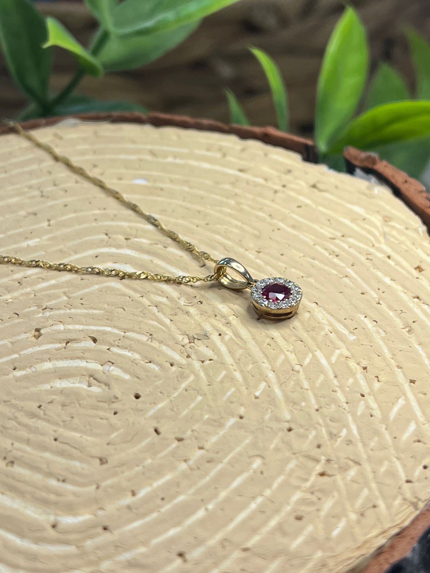 9ct Yellow Gold Ruby and Diamond Cluster Necklace