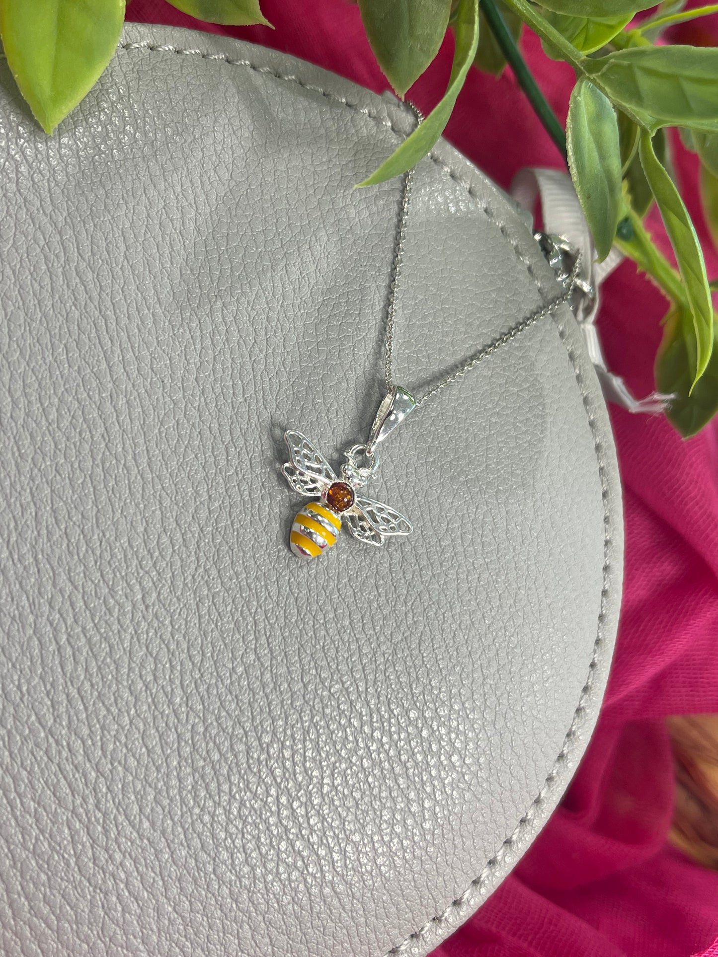 Yellow Enamel and Amber Bee pendant on 18 Inch Chain