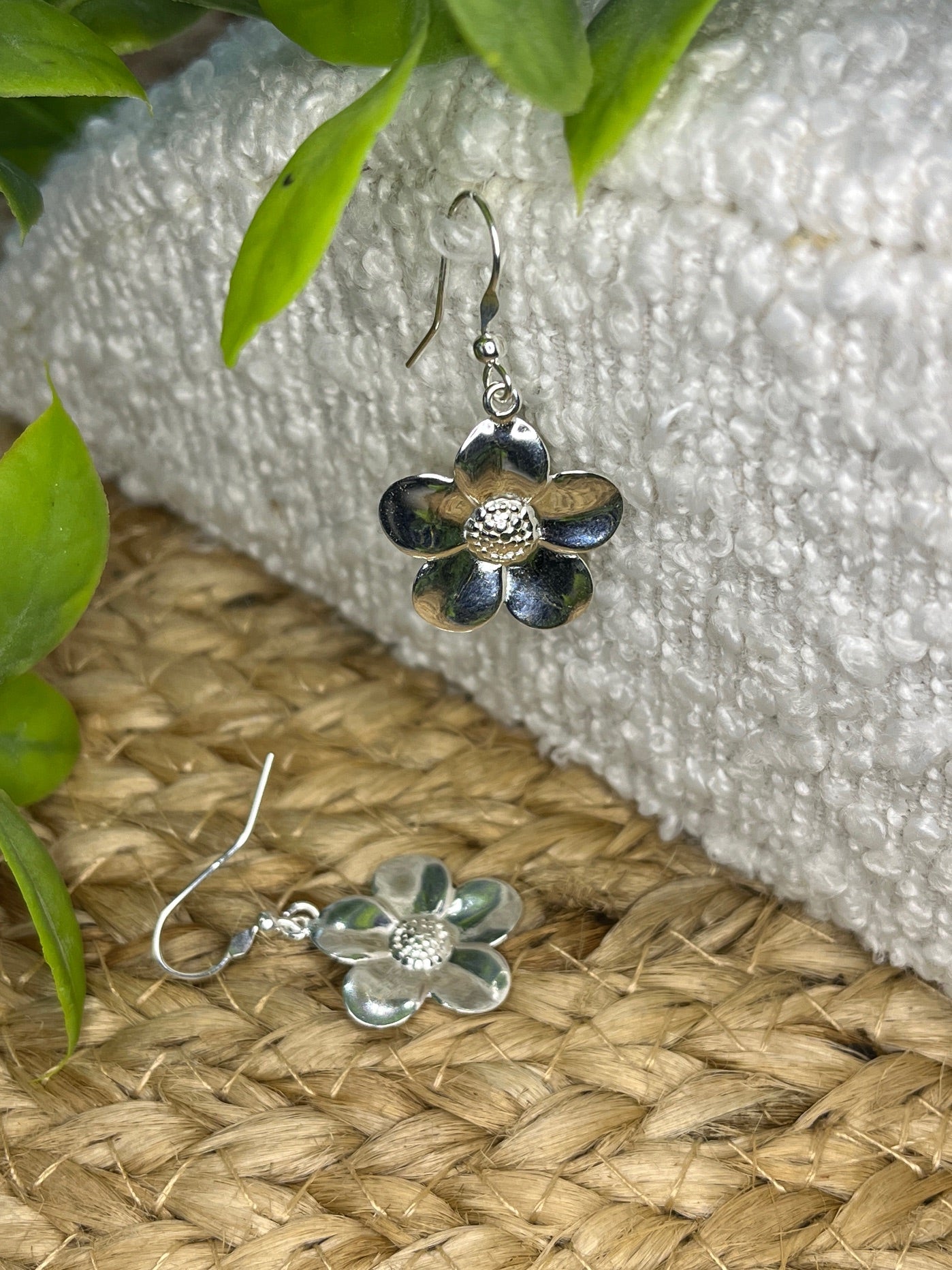 Sterling Silver Medium Large-Petalled Flower Hook-in Drop Earrings