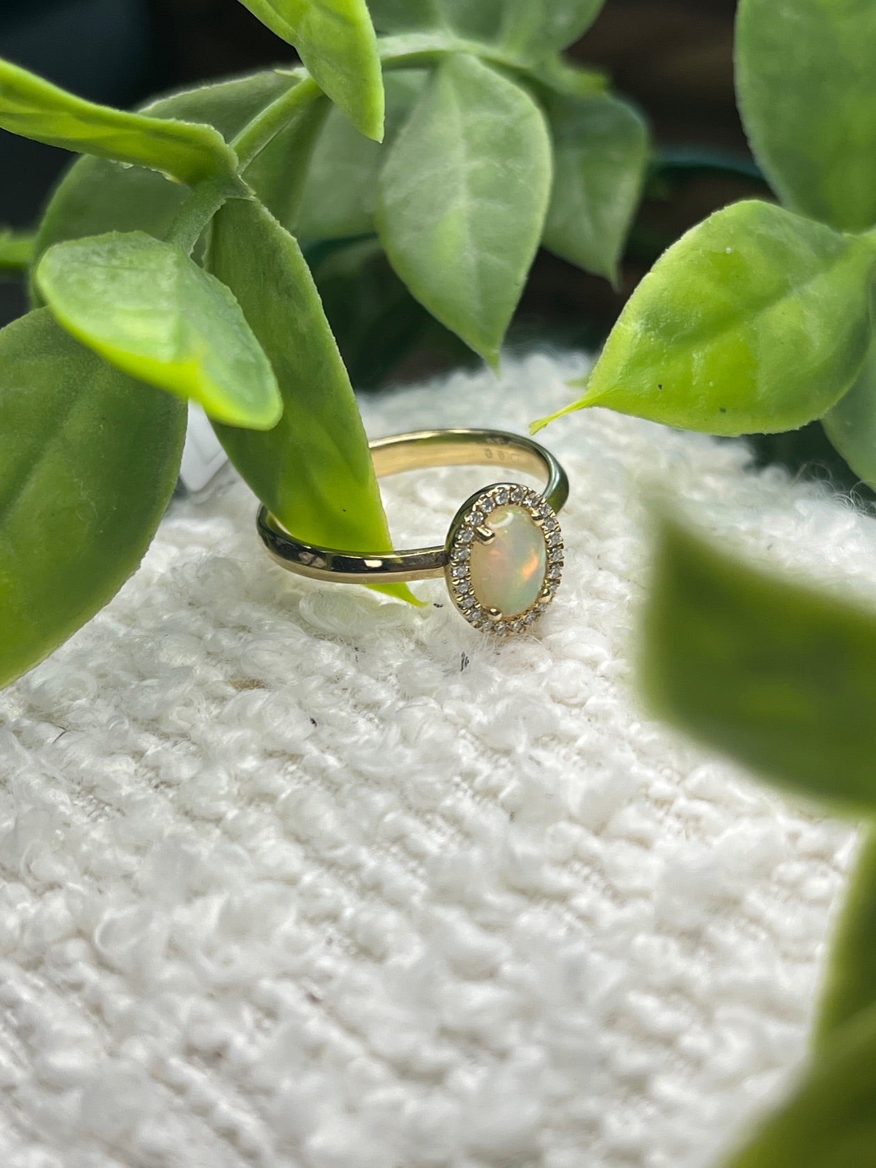 Oval Opal Ring with Diamond Halo Yellow Gold size M
