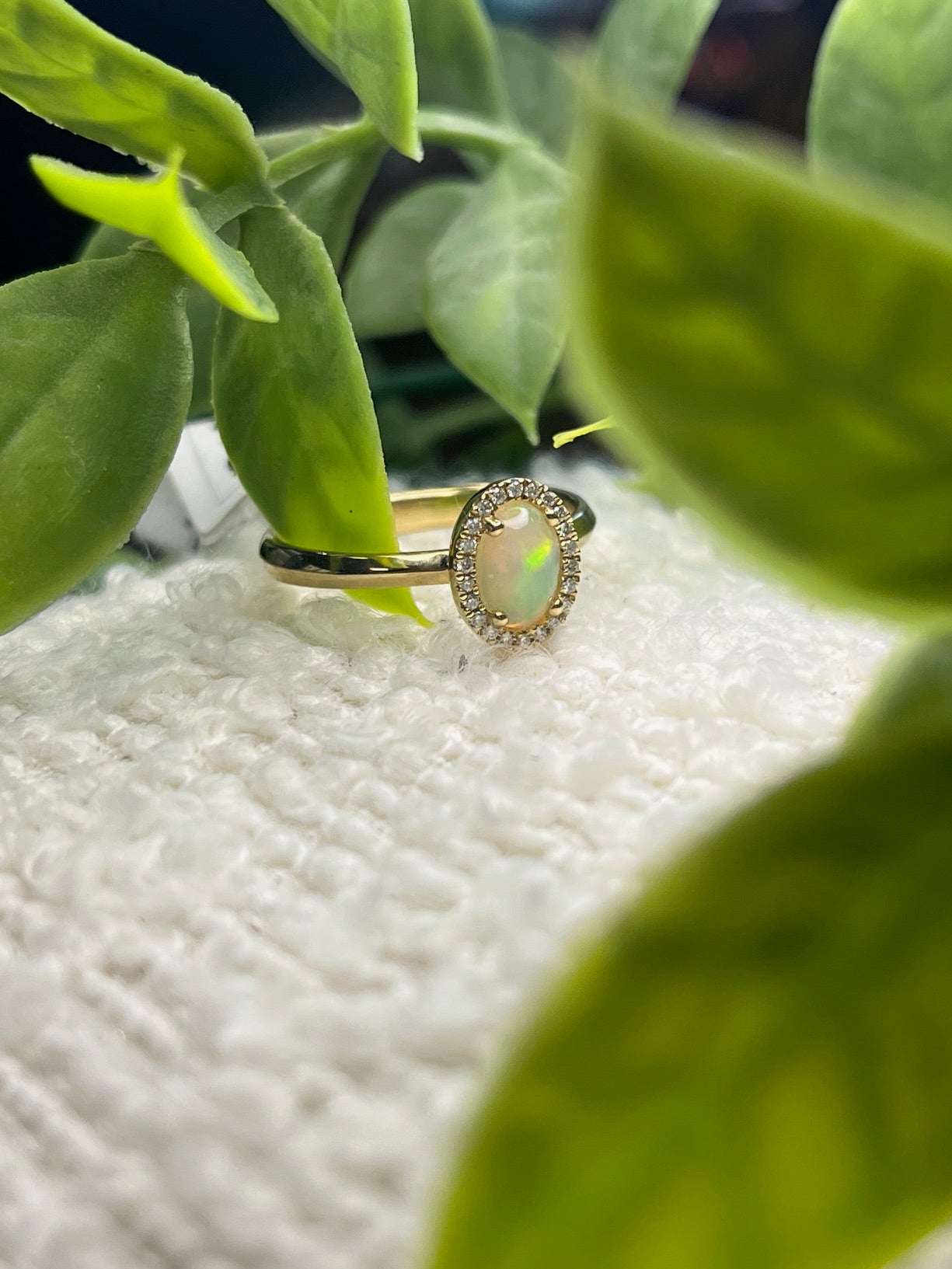 Oval Opal Ring with Diamond Halo Yellow Gold size M