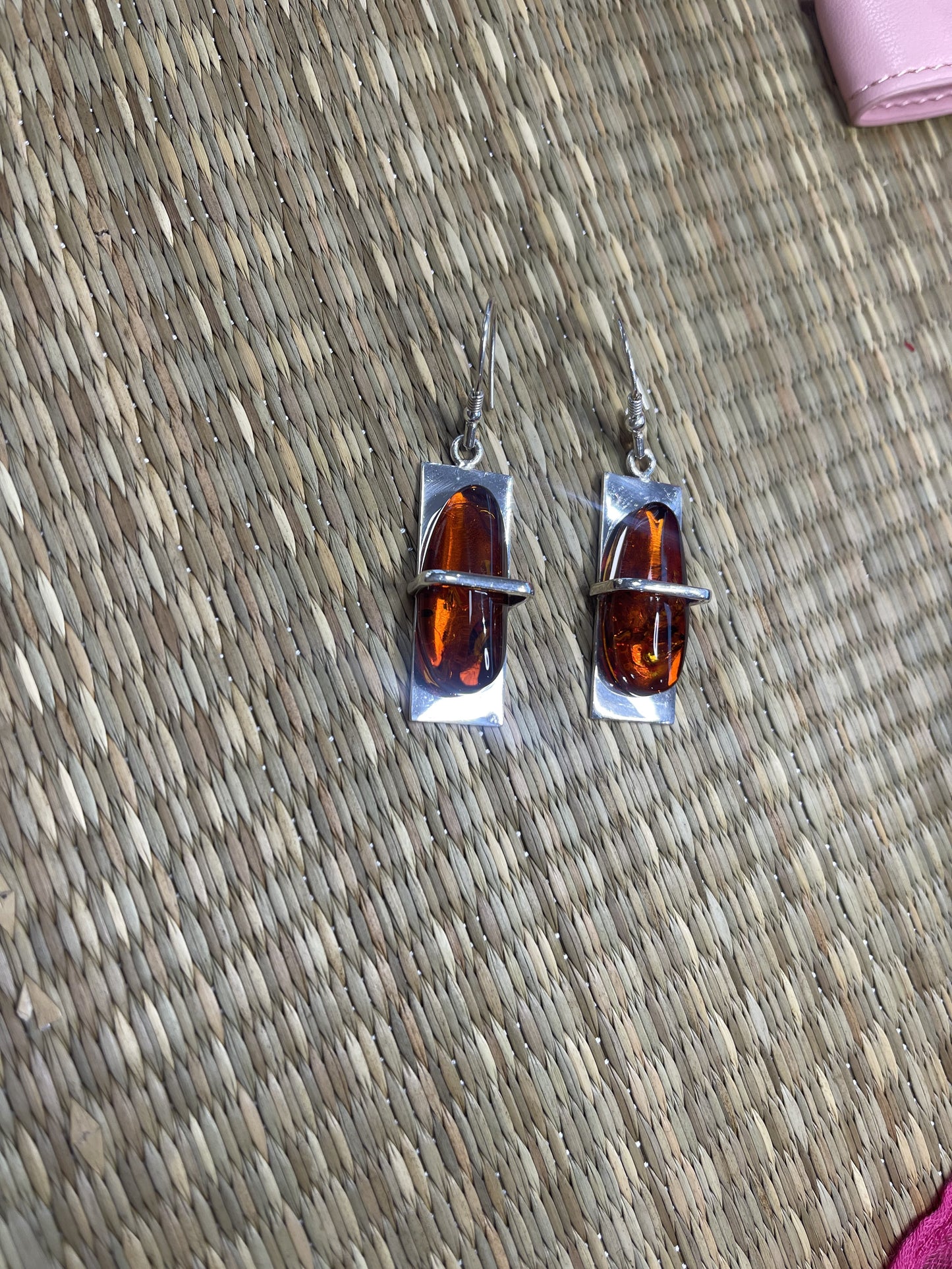 Large Amber drop earrings on a rectangle plate