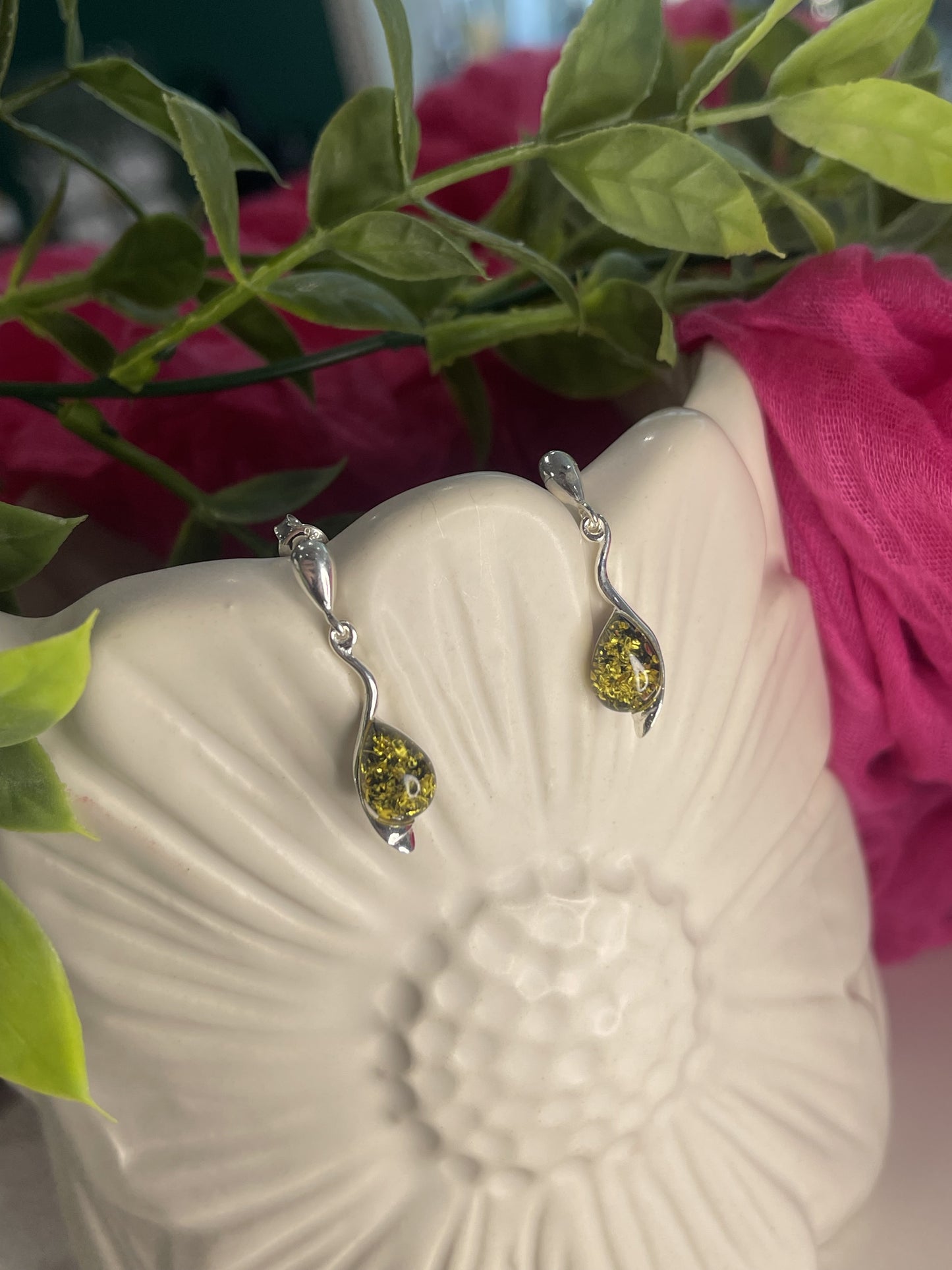 Silver drop pear shaped green amber earrings