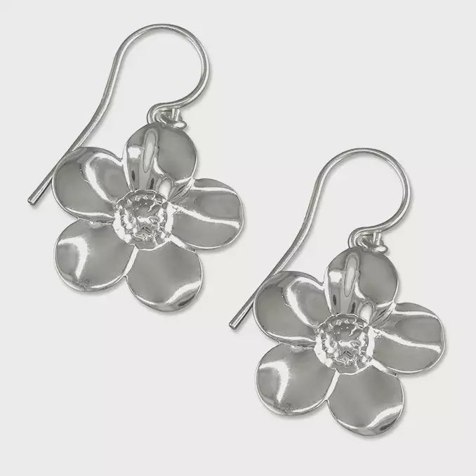 Sterling Silver Medium Large-Petalled Flower Hook-in Drop Earrings