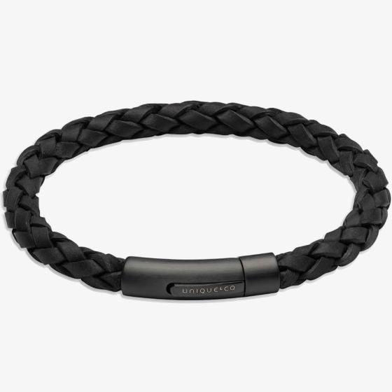 Black Leather with Black Edge, Black IP Plated Matte and Polished Steel Pusher Clasp