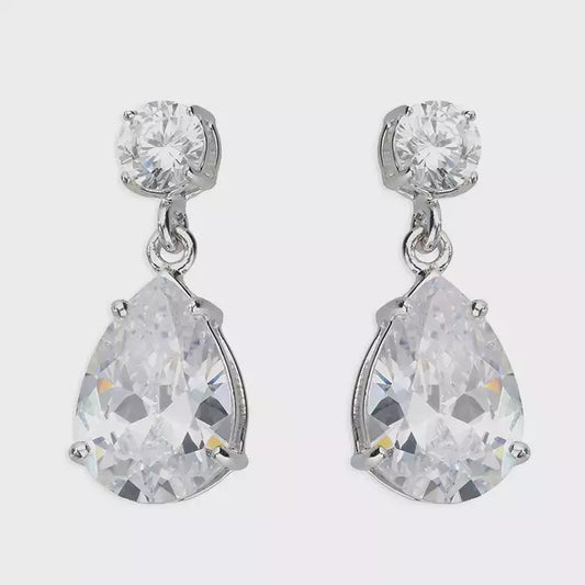 Sterling Silver Earring  Cubic Zirconia round stud with pear drop