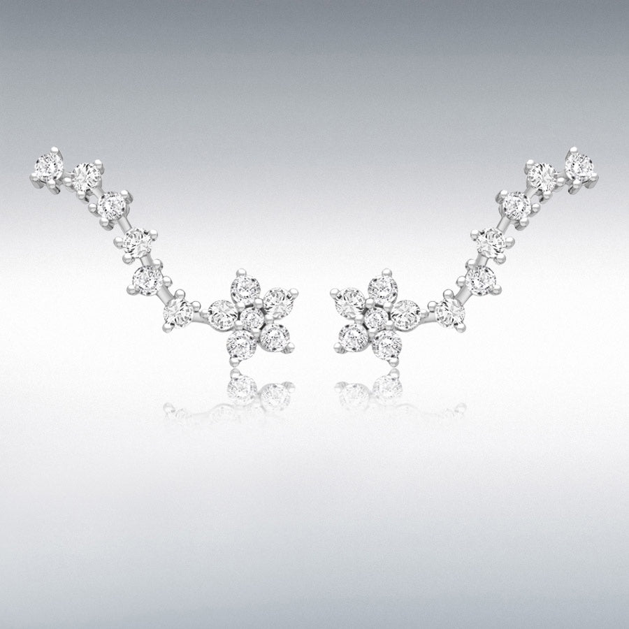 Rhodium Plated Flower Comet Crawler Earrings