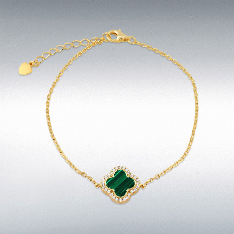 Gold Plated Clover Malachite and White CZ Adjustable Bracelet
