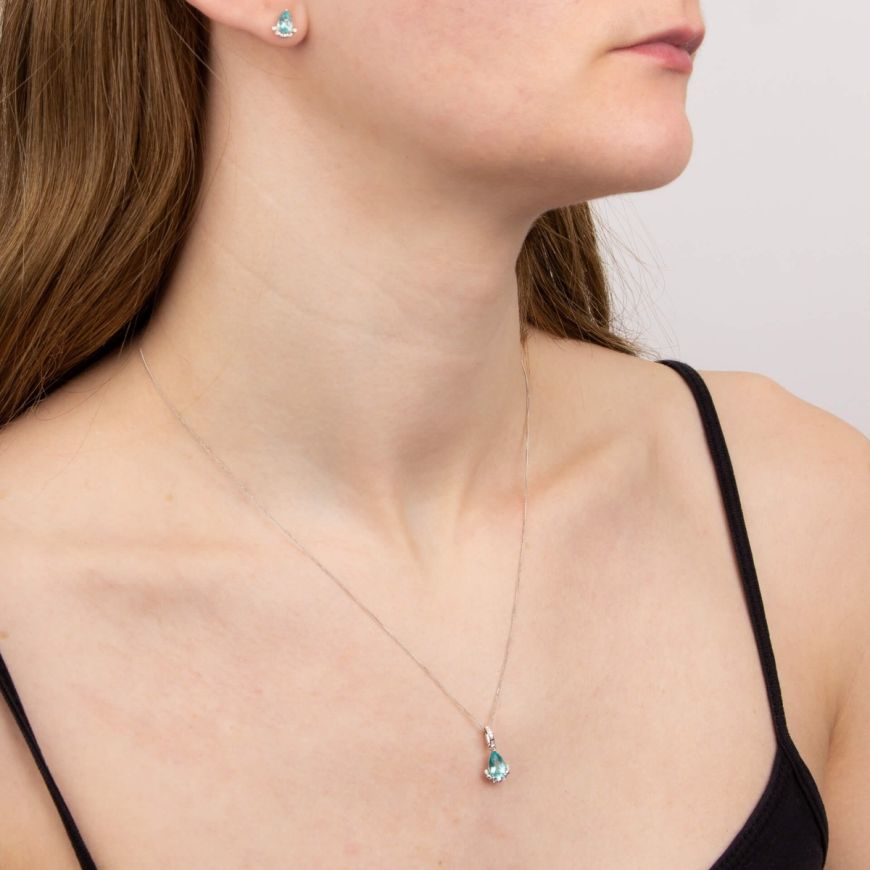 Teardrop Apatite Stud Earrings With Diamond In 9ct White Gold