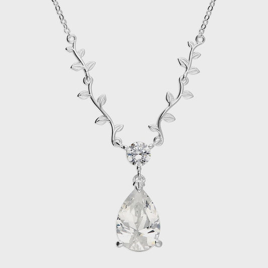 Sterling Silver Necklace - 41-46cm Extender. Cubic zirconia teardrop leaf