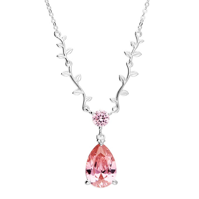 Pink cubic zirconia teardrop leaf  sterling silver necklace