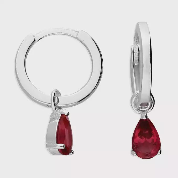 Sterling Silver Earrings 12mm Hinged Hoop with Red CZ Teardrop Charm
