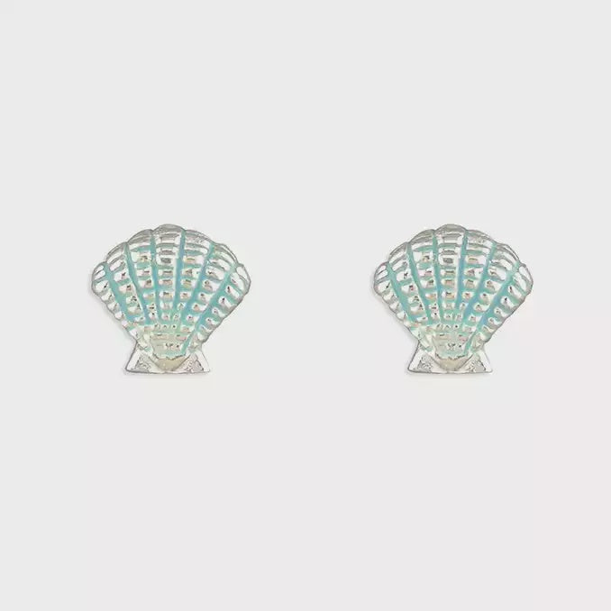 Sterling Silver Earrings Blue enamel seashell stud