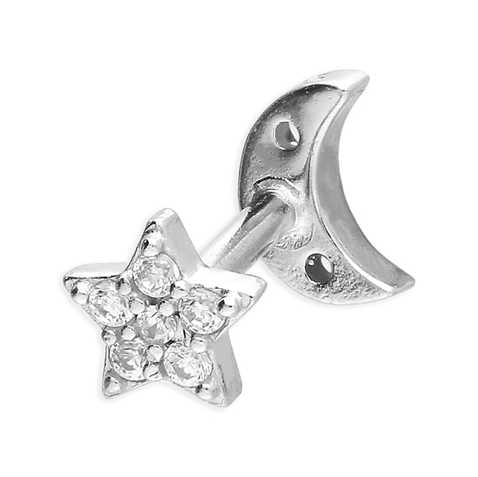 Single cubic zirconia moon with a star back labret stud