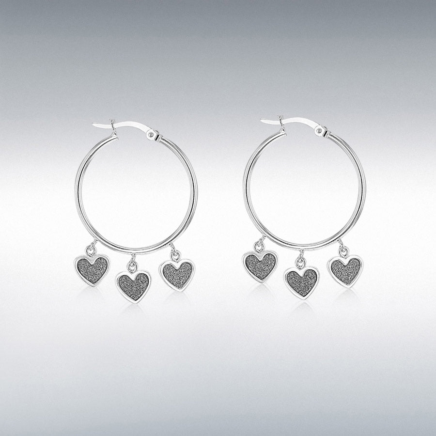 STERLING SILVER 25MM X 37MM TRIPLE-STARDUST-HEART HOOP CREOLE EARRINGS