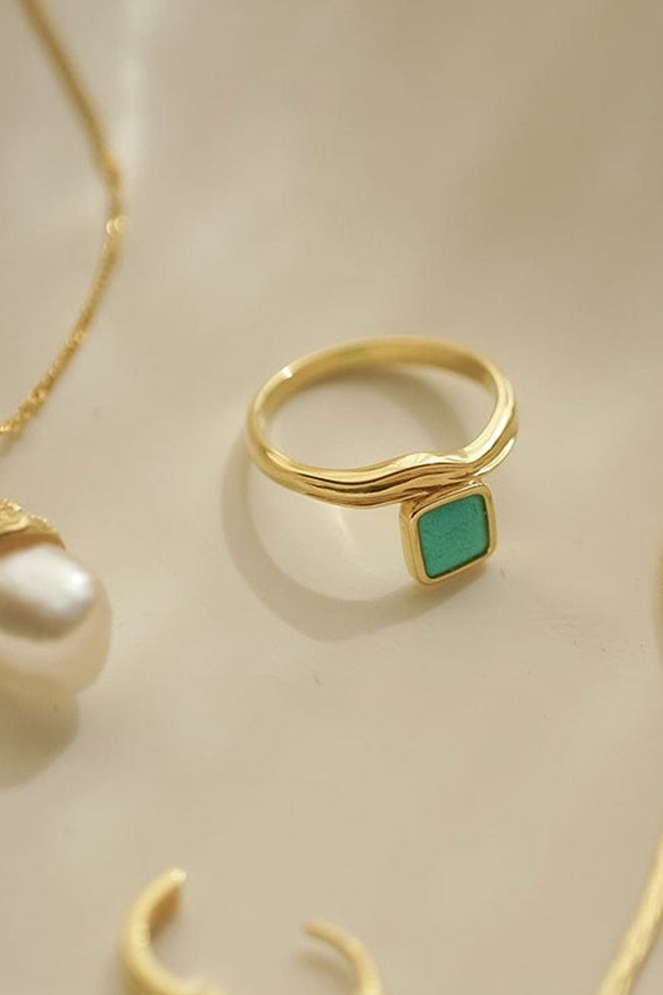 Turquoise Wave Ring 18ct Gold Plated Size R