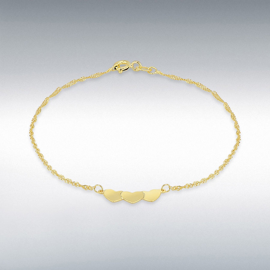9CT YELLOW GOLD TRIPLE-HEART TWIST CURB BRACELET 18CM