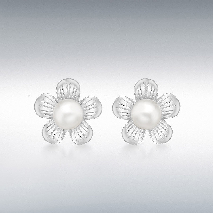 STERLING SILVER FLOWER AND FRESHWATER PEARL STUD EARRINGS
