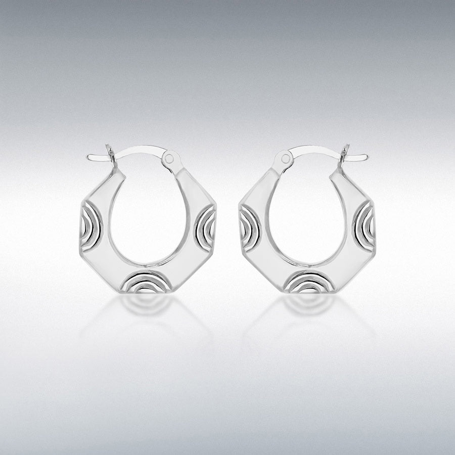STERLING SILVER RHODIUM PLATED PATTERNED HEXAGON CREOLE EARRINGS