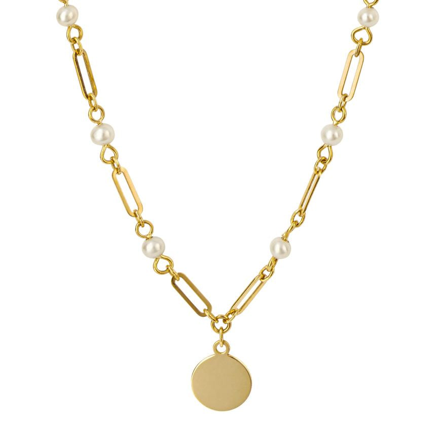Pearl Station Necklace With Disc In 9ct Yellow GoldPearl Station Necklace With Disc In 9ct Yellow Gold