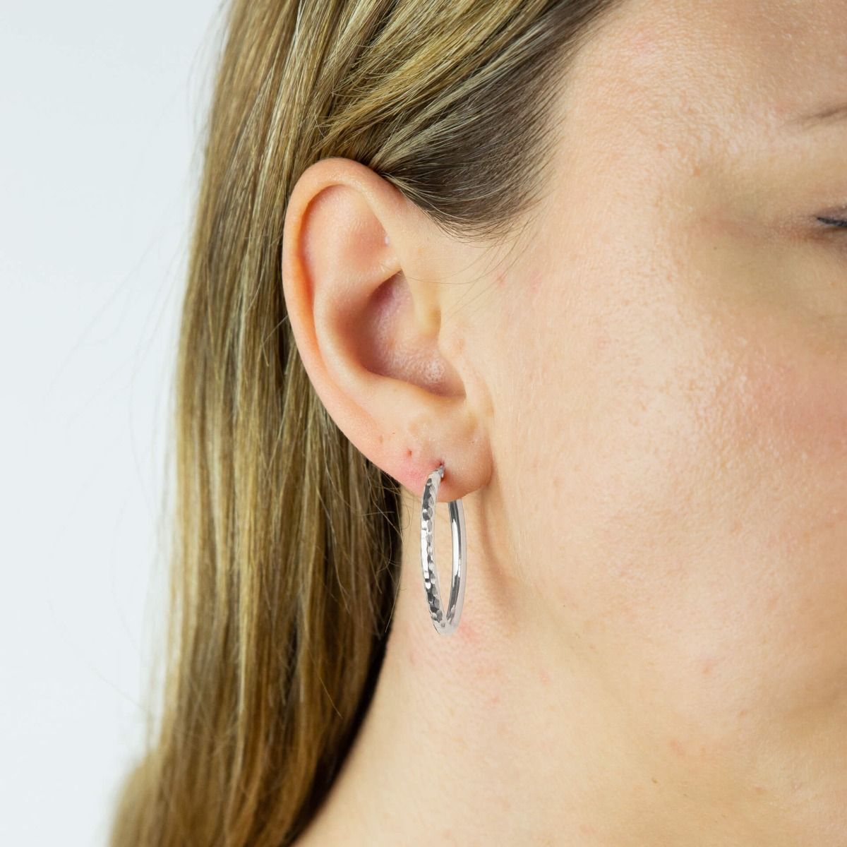 Double Textured Hoop Earrings in White Gold