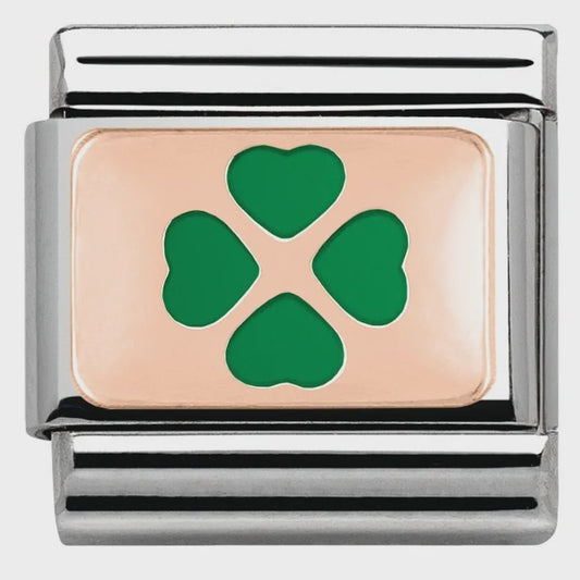 Composable Classic PLATES in stainless steel with 9k rose gold and enamel (08_Green Four-Leaf Clover)