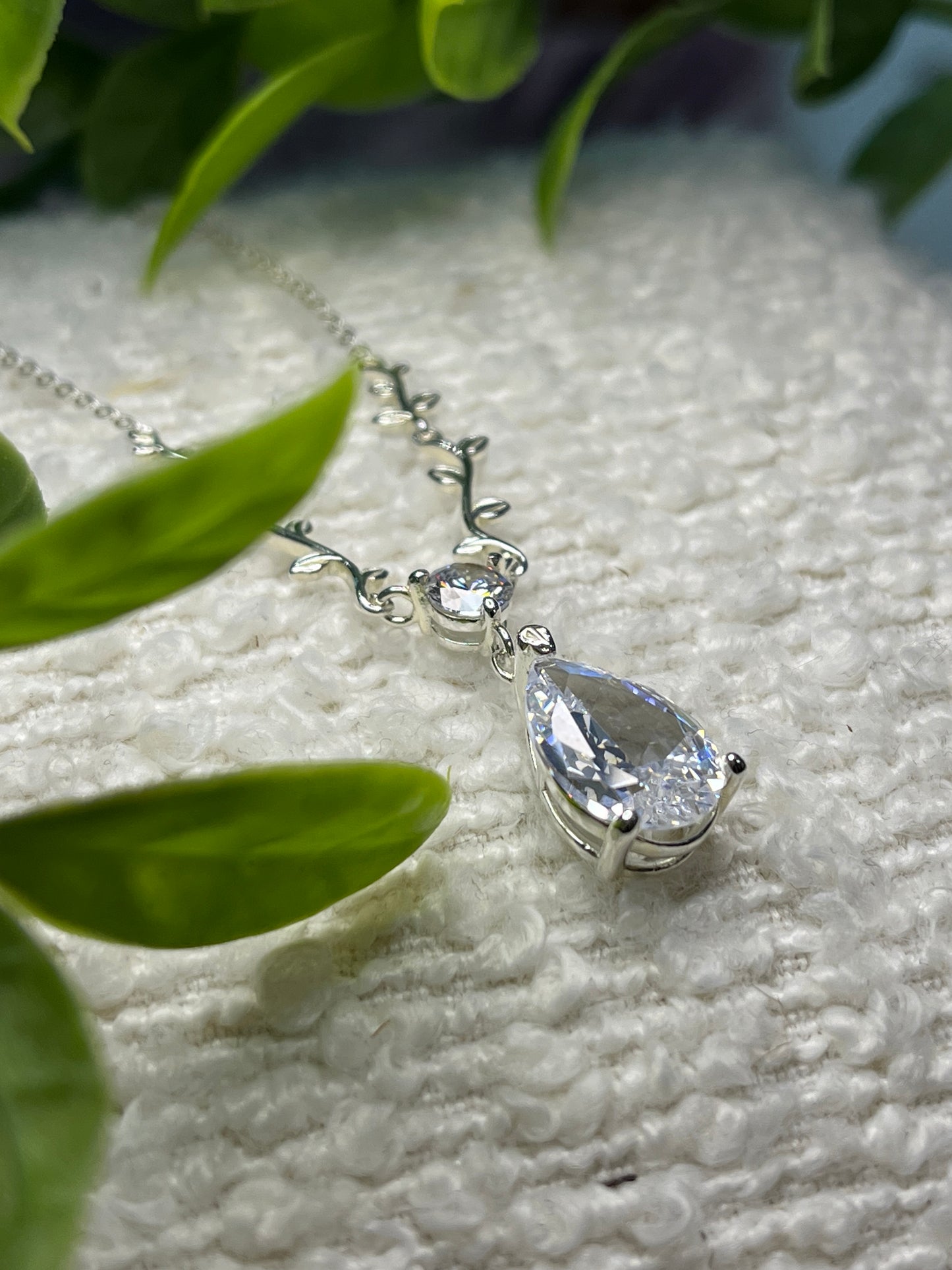 Sterling Silver Necklace - 41-46cm Extender. Cubic zirconia teardrop leaf