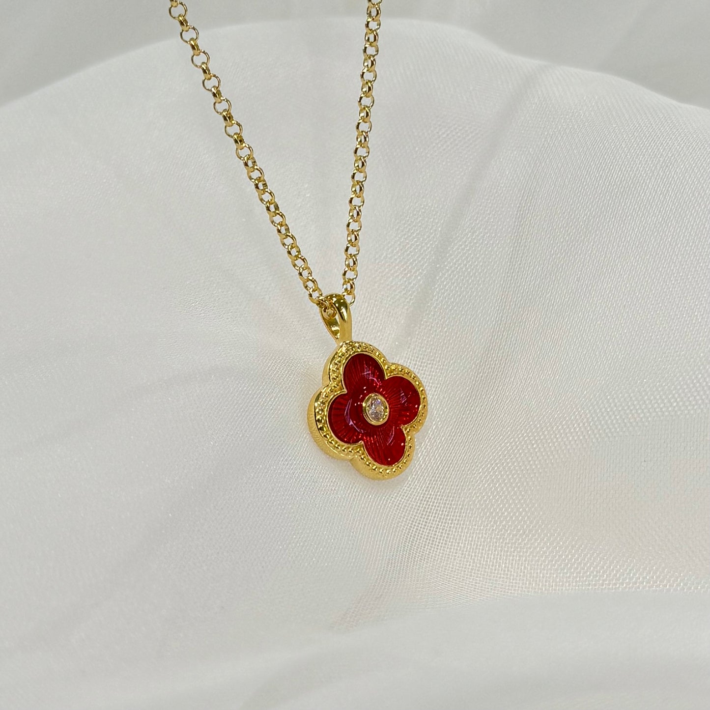 Gold Plated Red Enamel Quatrefoil Necklace
