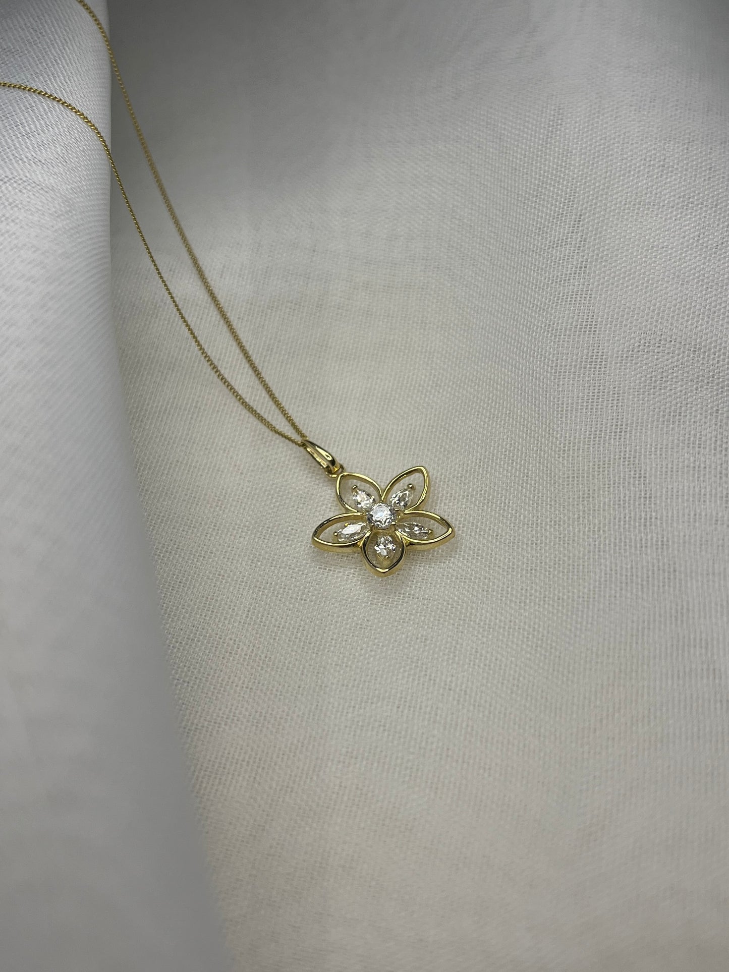 9ct Gold Open Flower Necklace With CZ Stones