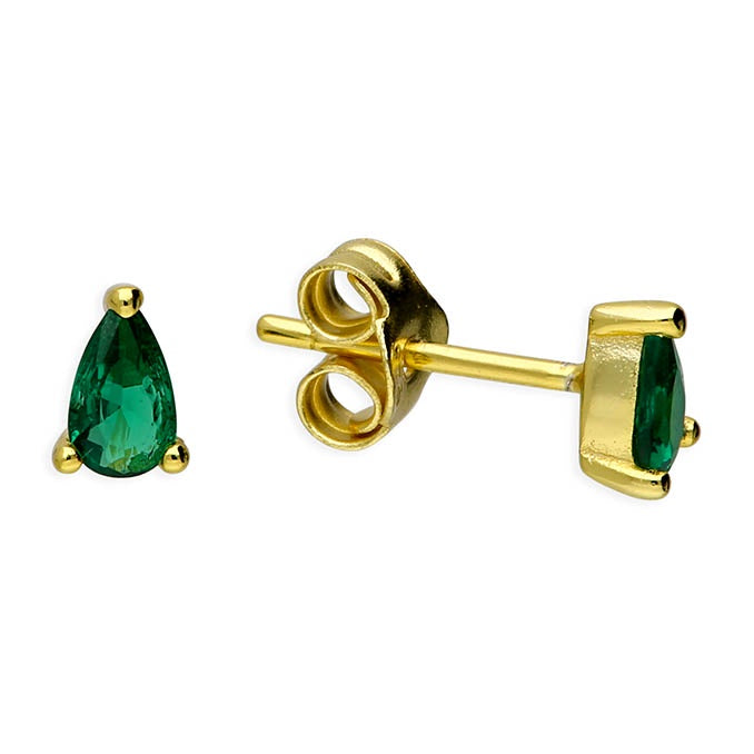 Yellow gold plated emerald-glass teardrop studs