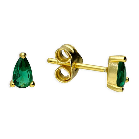 Yellow gold plated emerald-glass teardrop studs